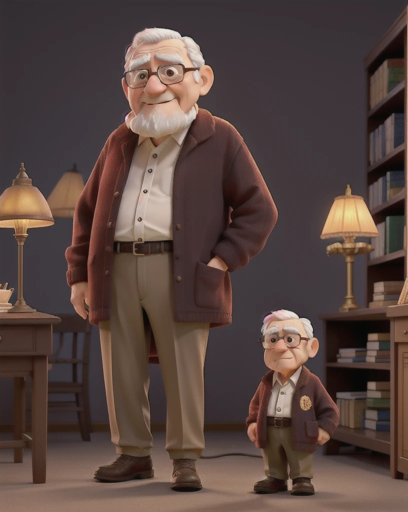 A wise old man standing in front, illuminated by the light of a lamp, against the backdrop of a library