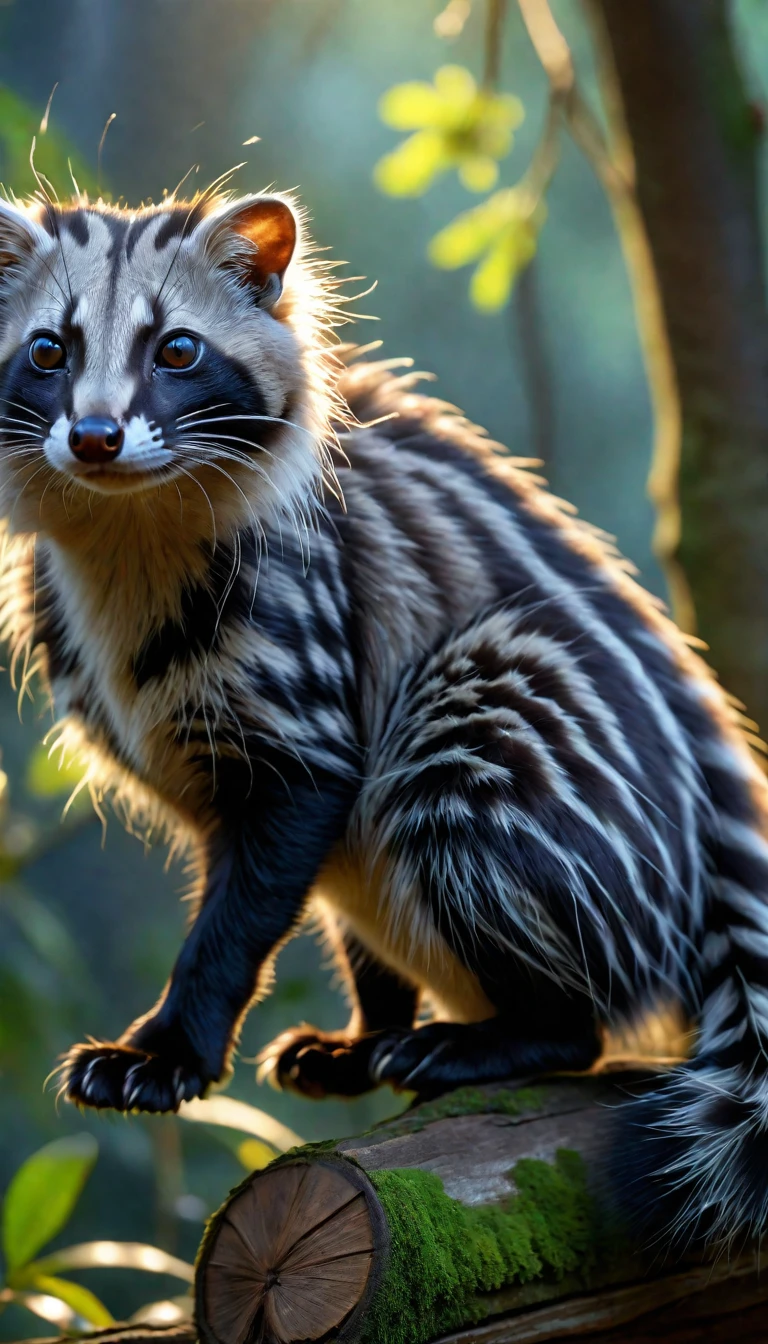 Panorama，Looks like a civet cat，Long hair on the head，Mysterious Creatures, shrike, (best quality，4K，8K，High level，masterpiece：1.2），Ultra Detailed，（lifelike，Photo real，Photo real：1.37），Highly detailed animals，Complex patterns，Realistic lighting，Fantasy Creatures