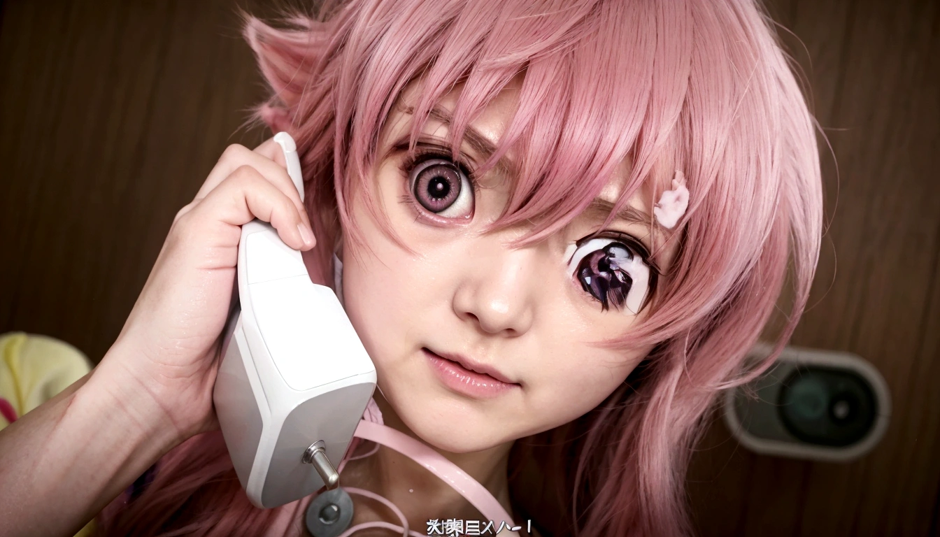 Anime girl with pink hair talking on the phone., Mirai Nikki, anime girl named gasaiyuno, hyperrealistic pink normal eyes, Gasai Yuno, closeup of another iwakura, Gasai Yuno, Gasai Yuno, she has a nice expressive face, Gasai Yuno, screenshot from a 2012 anime, in the anime movie, scene!!, Shocking