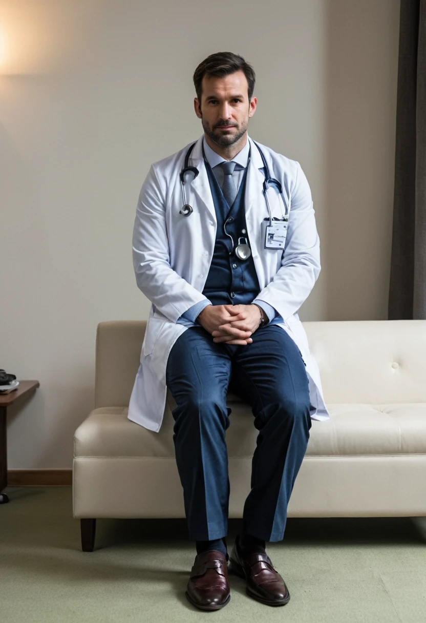 RAW photo, full body, a 35-year-old man, dressed as a doctor, is sitting on a guest sofa, looking towards the audience, wearing shoes, with both hands forward on his knees, straight forward position,