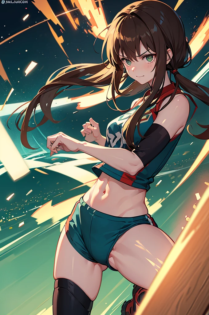 A girl with long pigtails of brown hair and pretty green eyes, framed by pale skin, stood smirking at Bakugo, her opponent in the U.A. Sports Festival. Her hands glowed a vibrant green, a testament to her quirk, Vital Surge, which allowed her to heal people. Clad in the standard gym uniform, she faced Bakugo with a mix of determination and confidence. The stadium buzzed with excitement, the audience eager to see how her healing abilities would fare against Bakugo's explosive power. The scene, rendered in the distinct, dynamic art style of My Hero Academia, captured the intensity of the moment as the battle commenced.
