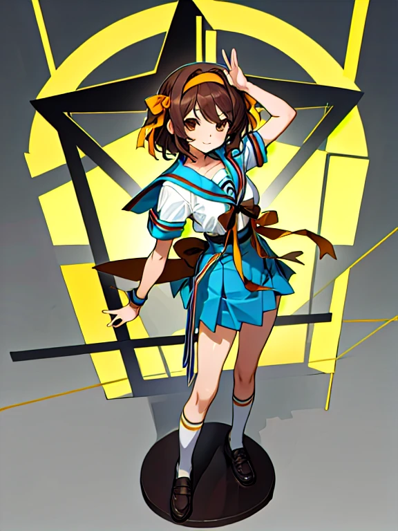 masterpiece, best quality, highres, 1girl, suzumiya haruhi, solo, kita high , blue sailor collar, sailor collar, blue skirt, brown hair, short hair, brown eyes, armband, hairband, medium hair, ribbon, socks, medium breasts, frontal wide shot, standing, full body, smile, very detailed,High resolution, black shoes, , yellow hair band, whole body, looking at the viewer, plain shot, no angle, stand, symmetrical