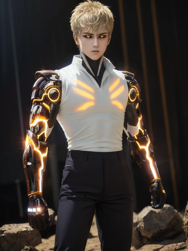 (masterpiece, best quality:1.4), colorful, high contrast, genos white shirt, sleeveless, black pants, mechanical arms, glowing, glowing eyes, glowing hand, standing, fighting stance,(ทำท่ายิงลำแสง)