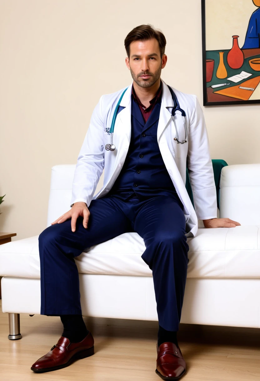 RAW photo, full body, a 35-year-old man, dressed as a doctor, is sitting on a guest sofa, looking towards the audience, wearing shoes, with both hands forward on his knees, straight forward position,