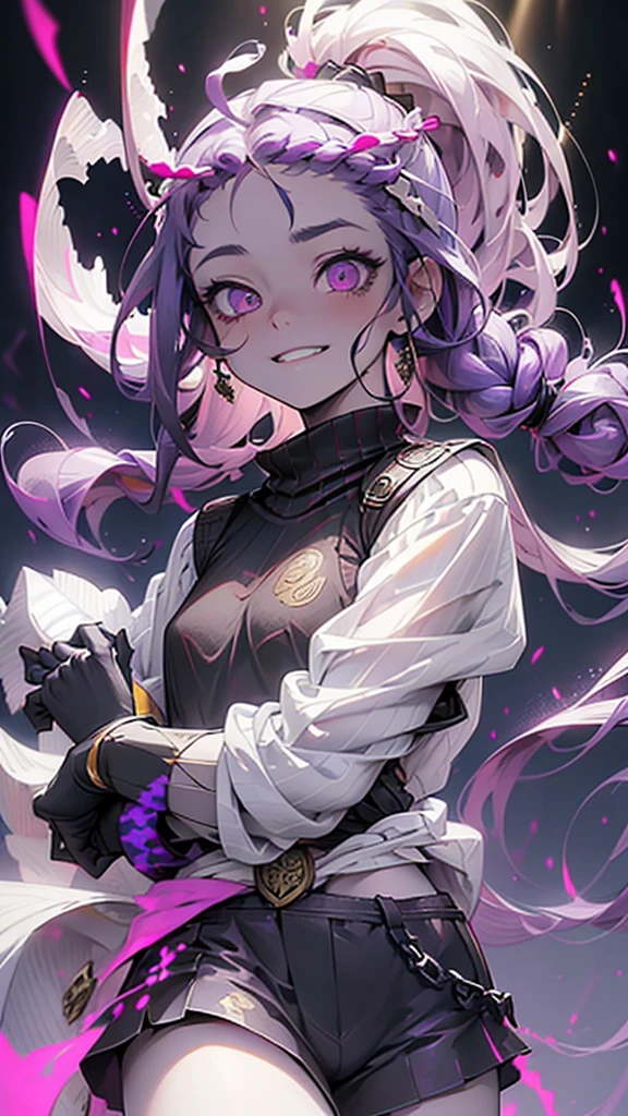cheerful boy with open forehead. dark purple hair braided in a ponytail on the left side to one side. sinuous black horns wrapped in dark purple ribbon. pale violet eyes. in short dark purple shorts. long white T-shirt. dark purple knee-high socks. a white long robe with a hood flutters in the wind. black ancient stone walls of the castle purple light from lamps with gold ornaments, heterochromia, long curly hair, pale skin, I look at the viewer, closed mouth, bright smile, Beautiful, extremely detailed eye, Absolutely amazing art, extremely detailed, Digital art of the highest quality, full length, old pionino ancient castle