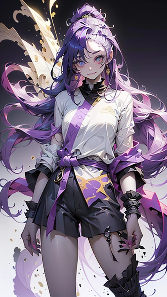cheerful boy with open forehead. dark purple hair braided in a ponytail on the left side to one side. sinuous black horns wrapped in dark purple ribbon. pale violet eyes. in short dark purple shorts. long white T-shirt. dark purple knee-high socks. a white long robe with a hood flutters in the wind. black ancient stone walls of the castle purple light from lamps with gold ornaments, heterochromia, long curly hair, pale skin, I look at the viewer, closed mouth, bright smile, Beautiful, extremely detailed eye, Absolutely amazing art, extremely detailed, Digital art of the highest quality, full length, old pionino ancient castle
