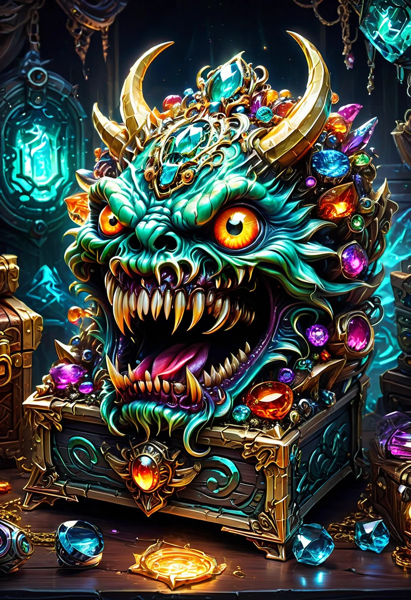Mimic,Treasure Box Monster,Weird tongue and nasty teeth. Scattered jewelry, by dan mumford, best quality, masterpiece, very aesthetic, perfect composition, intricate details, ultra-detailed