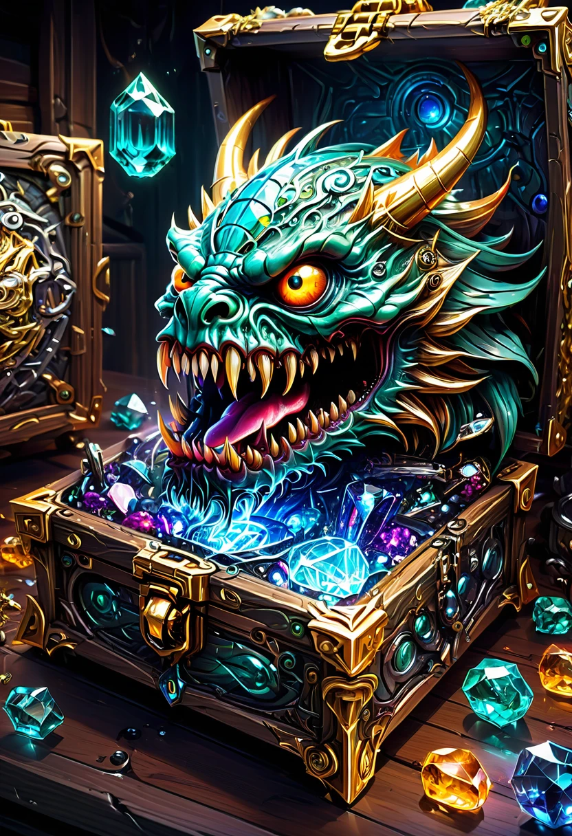 Mimic,Treasure Box Monster,Weird tongue and nasty teeth. Scattered jewelry, by dan mumford, best quality, masterpiece, very aesthetic, perfect composition, intricate details, ultra-detailed