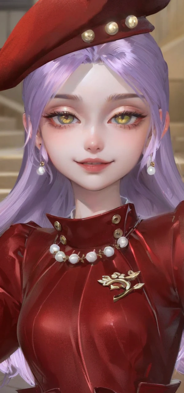 Best quality, masterpiece, pixiv, golden eyes, hair violet, long hair, red dress, stairs, high quality 4k, complete fingers, golden eyes, violet hair, high quality eyes, makima eyes, beautiful eyes