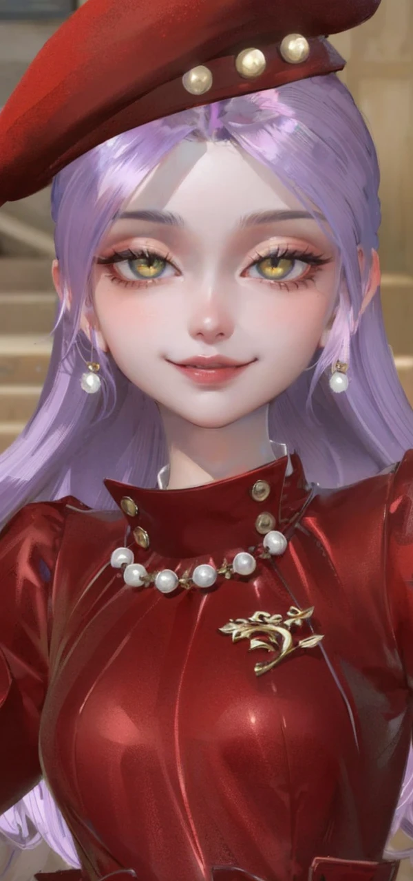 Best quality, masterpiece, pixiv, golden eyes, hair violet, long hair, red dress, stairs, high quality 4k, complete fingers, golden eyes, violet hair, high quality eyes, makima eyes, beautiful eyes