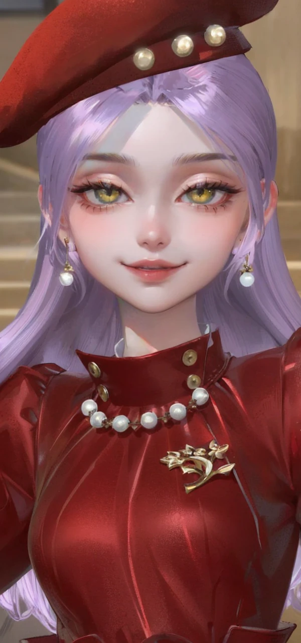 Best quality, masterpiece, pixiv, golden eyes, hair violet, long hair, red dress, stairs, high quality 4k, complete fingers, golden eyes, violet hair, high quality eyes, makima eyes, beautiful eyes