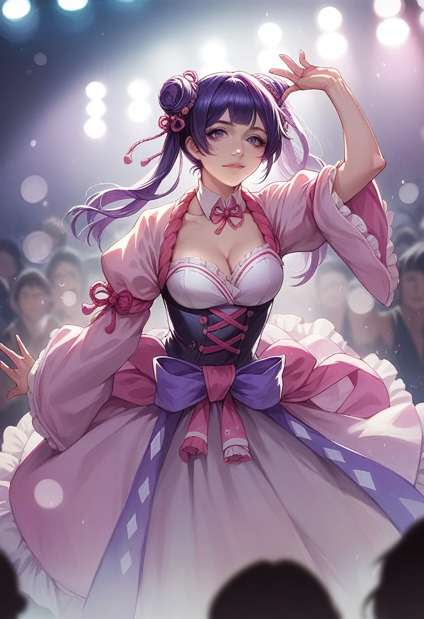 Girl Idol,
pink japanese idol costume,purple,
stage,Performance Site,Bokeh,
8K,RAW Photos,Highest quality,masterpiece,Realistic,photo-Realistic,
