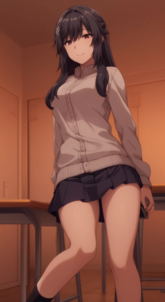 ((Masterpiece)), ((Best Quality)), ((high resolution)), ((Extremely detailed CG unity 8k wallpaper)), Alone, canada tachibana, black skirt, white socks, Little smile, classroom