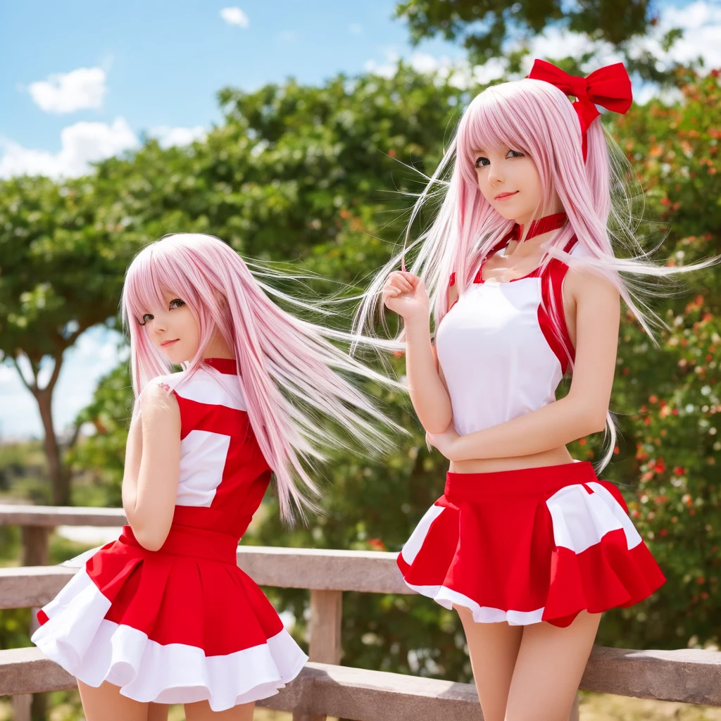 Anime girl with beautiful hairstyle, in a short miniskirt with red and white hair, with a beautiful background.