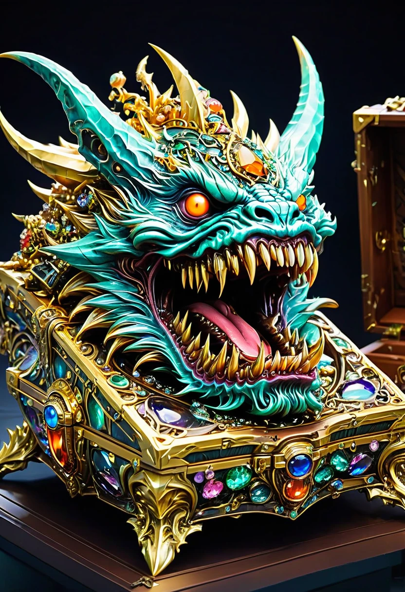 Mimic，Treasure Box Monster，Weird tongue and nasty teeth. Scattered jewelry, by Yoshiyuki Tomino, best quality, masterpiece, very aesthetic, perfect composition, intricate details, ultra-detailed