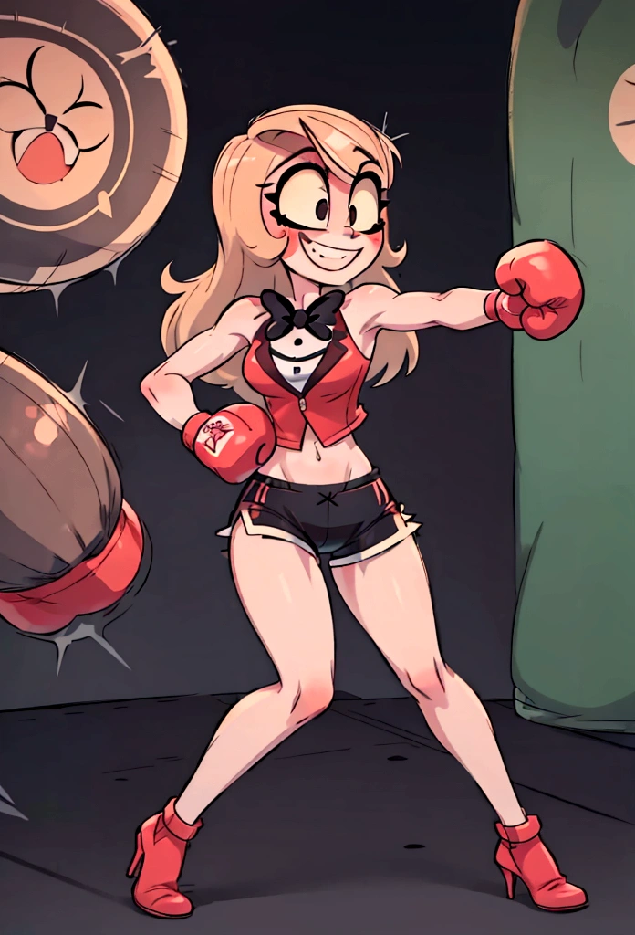 (detailed eyes, deep eyes), (1 girl), (boxing gym), (boxing gloves), (throwing punches), whole body, charlie, by rubio, very long hair, Red eyes, medium breasts, smiling, sleeveless shirt, black bow tie, black short shorts, high heels, 