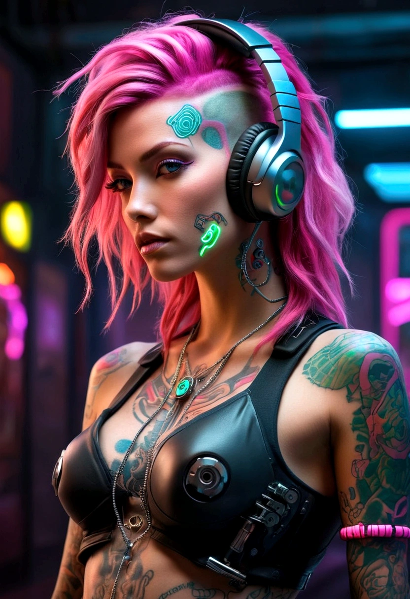Designer de imagem "Cyberpunk & Realistic". Futuristic depiction of a perfectly tattooed woman with high-tech mechanical prosthetics, long messy pink hair, and headphones. Embrace the cyberpunk aesthetic with neon lights and bright tattoos, maintaining the realistic portrayal of its features. "The lighting" Dynamic neon lighting with natural light sources to highlight cyberpunk tattoos and prosthetics, mantendo sombras e destaques realistas. "Camera positioning" Off-center and close-up camera positioning, Capturing dynamic pose to show off cyberpunk tattoos and high-tech prosthetics in detail. "Paleta de cores" Cyberpunk-inspired color palette with neon tones, rosa fluorescente, e verde brilhante, complemented by realistic skin tones and metallic details for representation of advanced technology.
