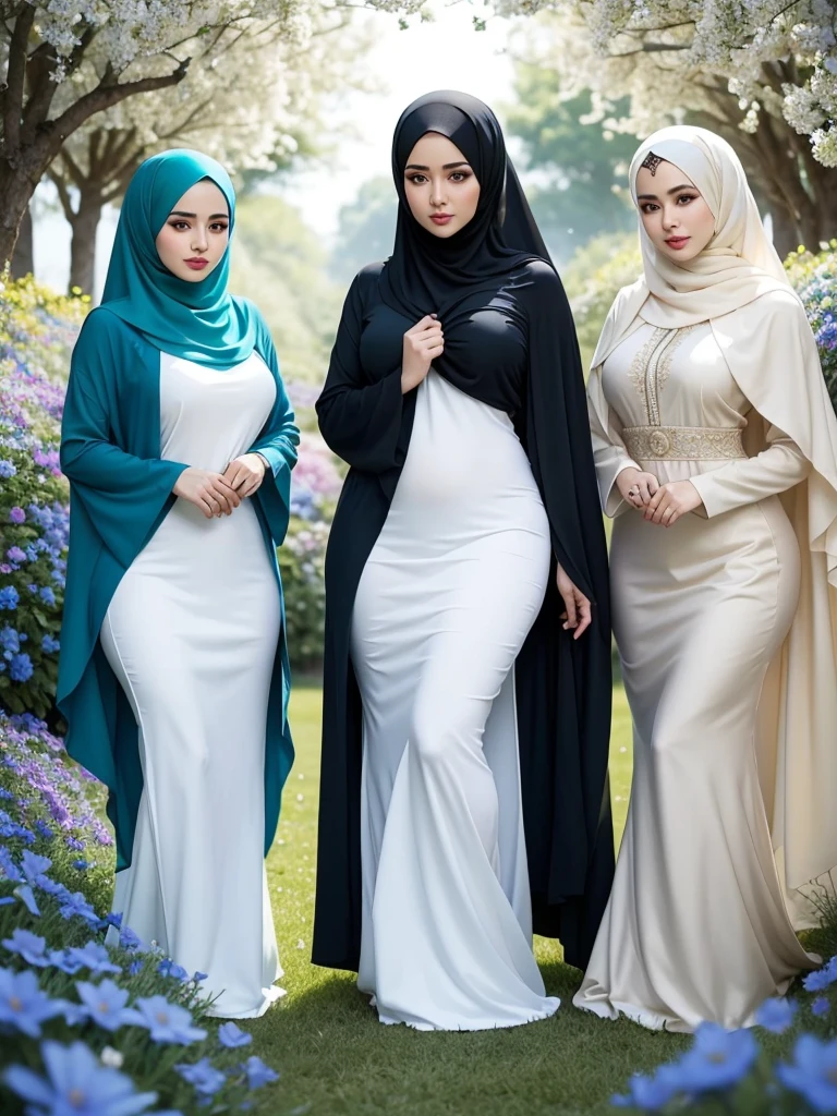 Captivated by her allure, 3 plump women's, they stands amidst a sea of vibrant flowers, they blue, green, and cream hijab flowing gracefully around her. In a world of vivid colors and dreamlike serenity, she enchants with her stunning physique and captivating gaze. Lost in the ethereal beauty of nature, she radiates confidence in they mesmerizing blue, green, and cream hijab and abaya.
