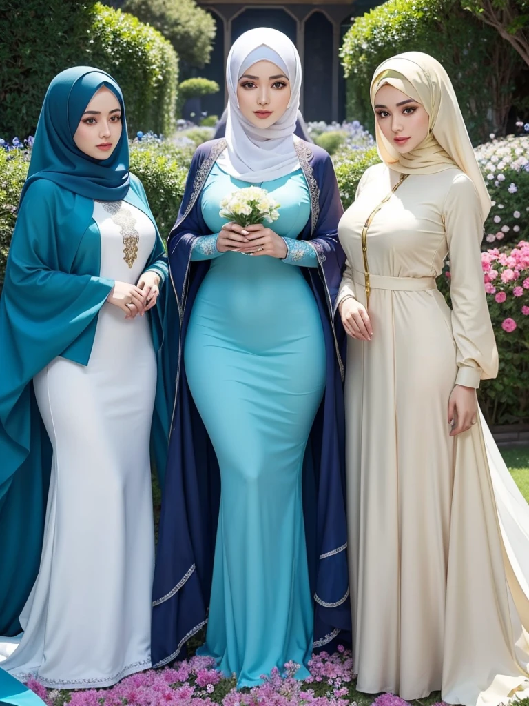 Captivated by her allure, 3 plump women's, they stands amidst a sea of vibrant flowers, they blue, green, and cream hijab flowing gracefully around her. In a world of vivid colors and dreamlike serenity, she enchants with her stunning physique and captivating gaze. Lost in the ethereal beauty of nature, she radiates confidence in they mesmerizing blue, green, and cream hijab and abaya.