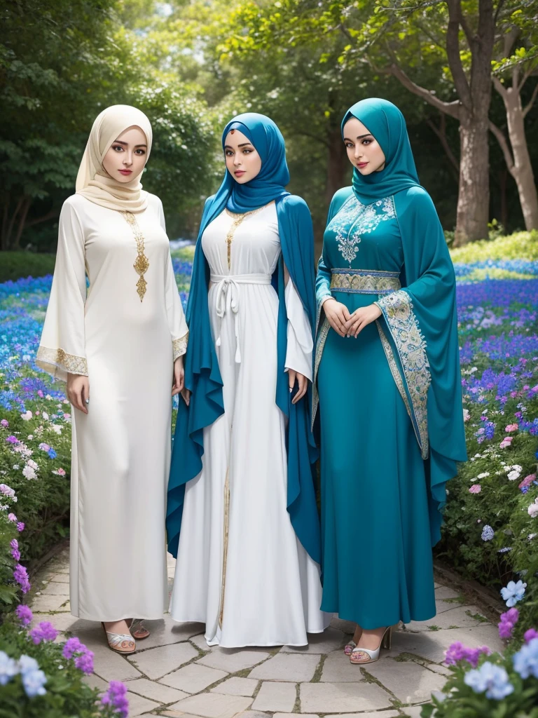 Captivated by her allure, 3 plump women's, they stands amidst a sea of vibrant flowers, they blue, green, and cream hijab flowing gracefully around her. In a world of vivid colors and dreamlike serenity, she enchants with her stunning physique and captivating gaze. Lost in the ethereal beauty of nature, she radiates confidence in they mesmerizing blue, green, and cream hijab and abaya.