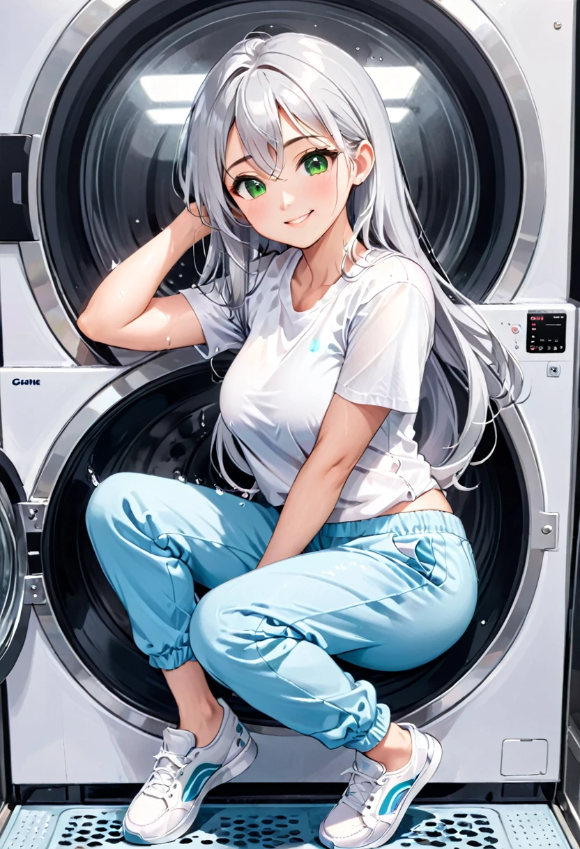 Pretty asian woman, bright silver hair, long hair, green eyes, busty, sweat pants and a white t shirt, cute, anime style, sitting on a washing machine, smiling, full body photo