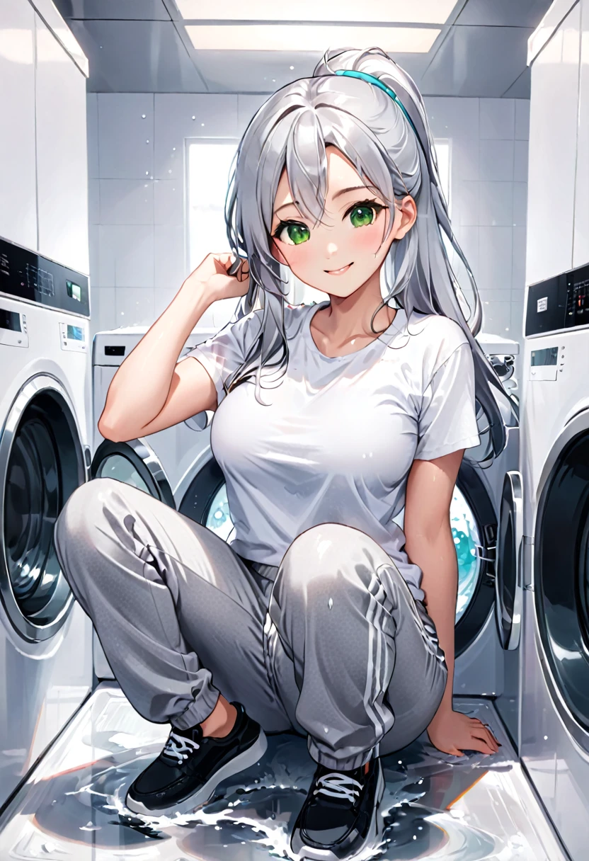 Pretty asian woman, bright silver hair, long hair, green eyes, busty, sweat pants and a white t shirt, cute, anime style, sitting on a washing machine, smiling, full body photo