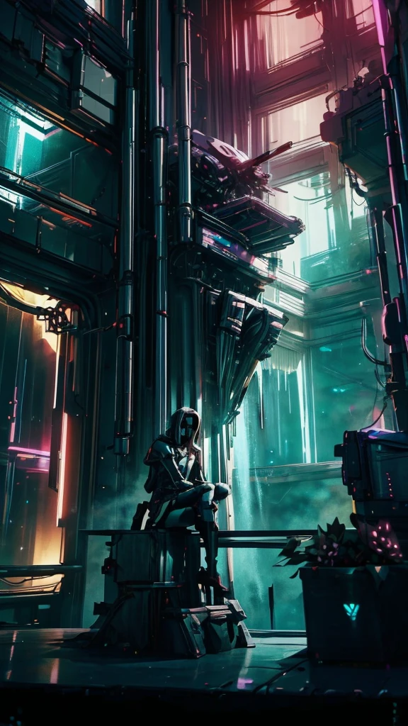 a woman in a white dress walking down a hall with red lights on the walls and a mirror behind her, Eve Ryder, unreal engine 5 rendered, concept art, retrofuturism, 1girl, black_hair, thighhighs , cyberpunk , 2077_Style