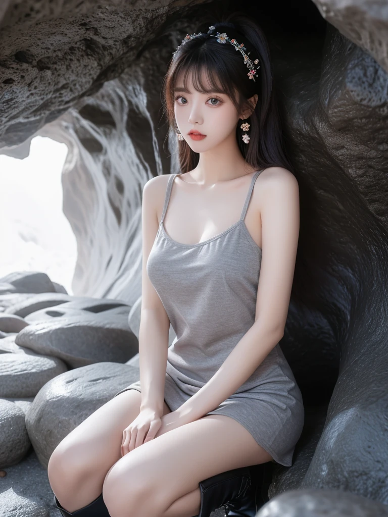 Beautiful woman wearing a grey Wearing chearleaders style clothes mini dress with decorations on the shirt and visible shoulders and wearing boots and being photographed with a background And I was in a cave filled with colorful and cool rocks ,Korean style swag, beautiful face so gorgeous, Beautiful eyes, y2k style,