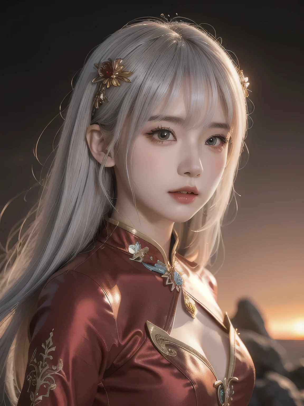 ((best quality)), ((masterpiece)),,((ultra-detailed)), extremely detailed CG, , (an extremely delicate and beautiful), 1girl, solo, ((cute face)),(beautiful detailed eyes), red eyes,white hair, shiny hair, colored inner hair,Ice rose,Ice hair ornaments,adorns,, [ice crystal],, crystal,((floating hair)), ((caustic)),((disheveled hair))"((best quality)), ((masterpiece)), ((ultra-detailed)), extremely detailed CG, (a serene and elegant), 1girl, solo, full body view, ((cute face)), (beautiful detailed eyes)((best quality))((best quality)), ((masterpiece)), ((ultra-detailed)), extremely detailed CG, (a powerful and regal), 1girl, solo, full body view, ((cute face)), (beautiful detailed eyes)Generate an image of my AI girl model in a crimson passion dragon-themed suit. The suit should be a deep, vibrant red with black and gold accents, featuring intricate, scale-like patterns that emphasize her curves. Fiery red flames should burst from the suit, adding a fierce, passionate glow. She should be posed in a dynamic, seductive stance, with a confident, smoldering gaze, against a backdrop of a dramatic, fiery sunset over a rocky coastline. The atmosphere should be intensely passionate and alluring.