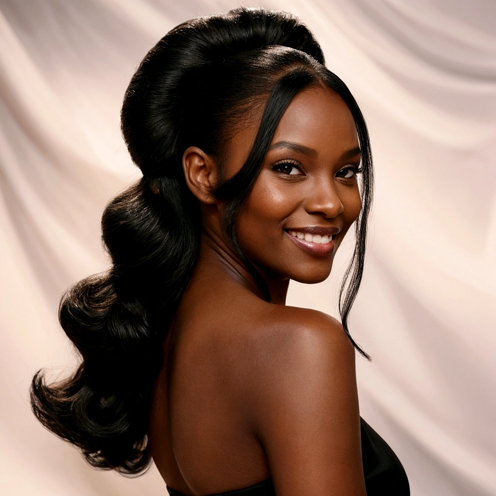 There's a black woman with a black dress and a smile on her face, Long black hair tied in a ponytail, long black ponytail, elaborate long black hairstyle, black ponytail hair, hair in a low, straight ponytail, Half up hairstyle, “hyperrealistic”, “hyperrealistic”, silky texture, “hyper-realistic”, looking at side, "hyper realistic", sleek black hair, jaw dropping beauty