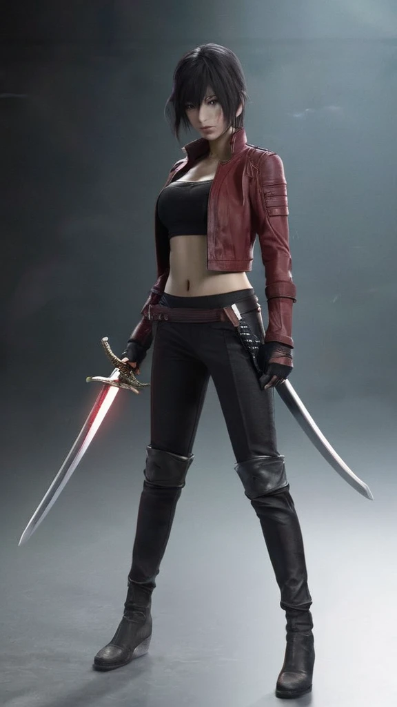 a woman holding a sword in a dark room, 2. 5 d cgi anime fantasy artwork, holding a black katana, stuning fantasy 3 d render, holding katana, unreal engine character art, unsheathing her katana, she is holding a katana sword, yasuke 5 0 0 px models, dramatic wielding katana pose, holding a katana, background color smoked, Red leather jacket.