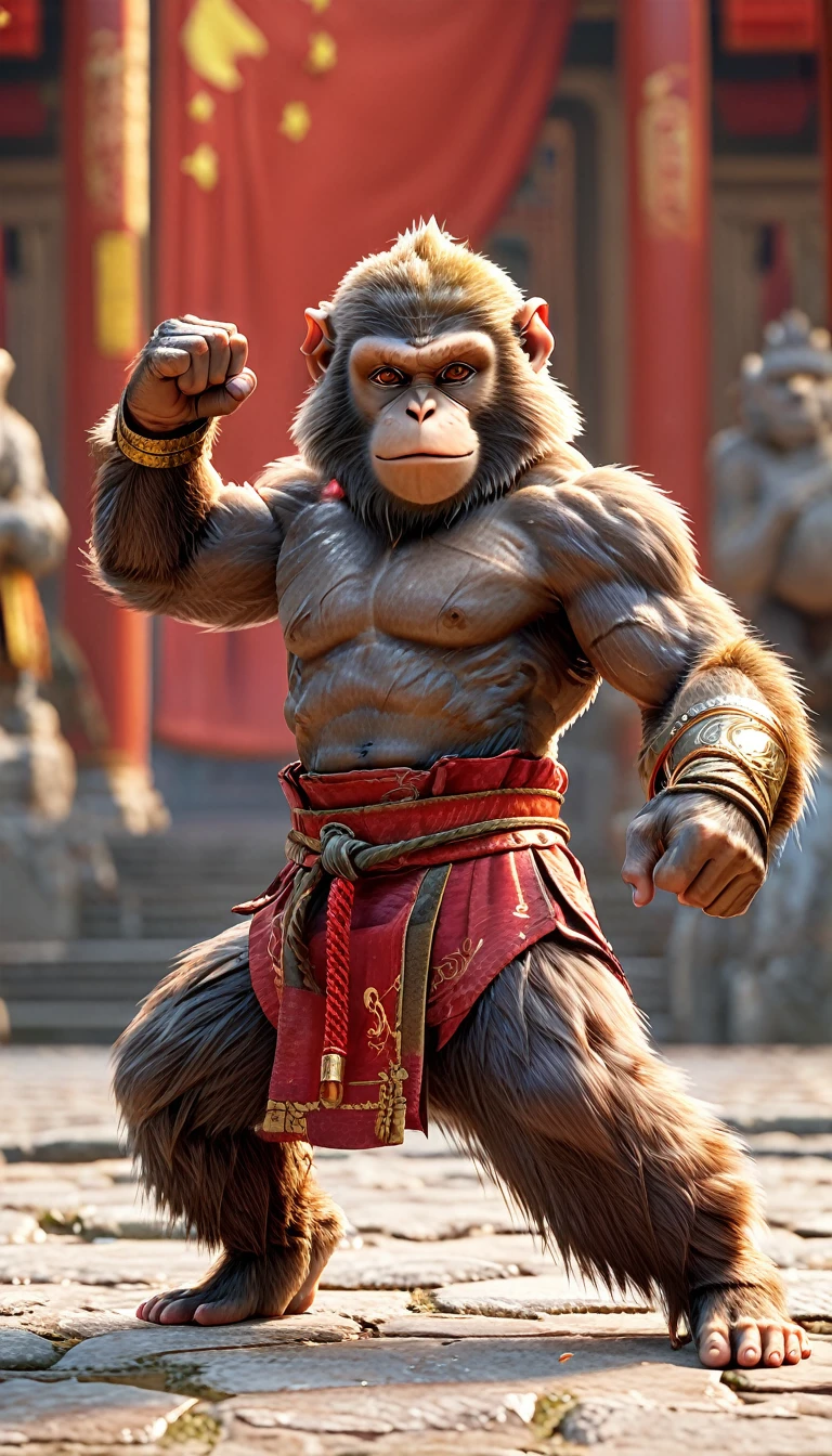 Close-up shot of a monkey, Monkey Martial Artist,whole body, Lightning-charged Fist, Wearing martial arts uniform, Chinese Shaolin Temple Background, High resolution, masterpiece, Highest quality, Super detailed, Super detailed, Ultra-realistic,
Hong Kong Style, 3D Fluffy, Cute and adorable close-ups, Cute big round reflective eyes, Long fuzzy fur, Pixar Rendering, unreal engine Cinematic smooth, Exquisite detail, Cinematic