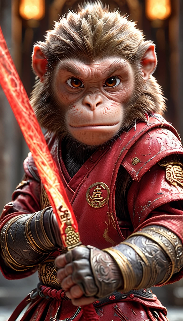 Close-up shot of a monkey, Monkey Martial Artist,whole body, Lightning-charged Fist, Wearing martial arts uniform, Chinese Shaolin Temple Background, High resolution, masterpiece, Highest quality, Super detailed, Super detailed, Ultra-realistic,
 Hong Kong Style, 3D Fluffy, Cute and adorable close-ups, Cute big round reflective eyes, Long fuzzy fur, Pixar Rendering, unreal engine Cinematic smooth, Exquisite detail, Cinematic