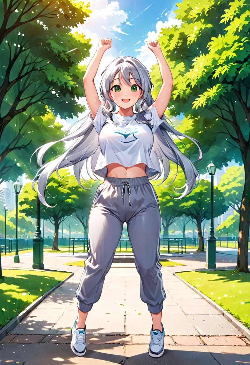 Pretty asian woman, bright silver hair, long hair, green eyes, busty, sweat pants and a white t shirt, cute, anime style, standing center of a park, hands up in the air, celebrating, jumping, full body photo, empty environment, smiling