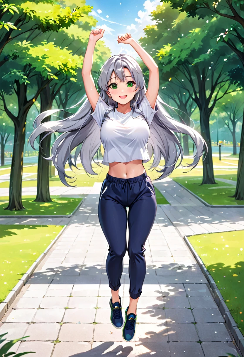 Pretty asian woman, bright silver hair, long hair, green eyes, busty, sweat pants and a white t shirt, cute, anime style, standing center of a park, hands up in the air, celebrating, jumping, full body photo, empty environment, smiling