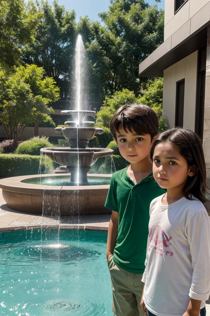 A boy with brown hair, white skin, green eyes and a 10-year-oldirlh blahair who are surprised to see a large glass fountain that is in front of them