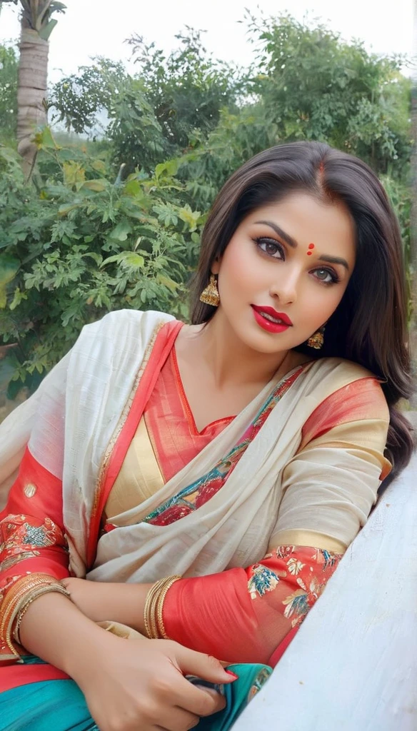 perfect pink eyes, fantastic face, Indian, beautiful look, ((red lips, bright eyes, curve heir 1.5)), ((beautiful details very big breast )), (Straight round and ultra huge clevage, not sagging breast), A glorious gorgeous, glorious gorgeous face, pretty face, bright eyes, detailed elegant printed red saree, updo elegant hair, blurred gray tones background, ultra focus, face ilumined, face detailed, 8k resolution, painted, dry brush, brush strokes, razumov style and garmash style, by Tokaito, ((Full Open )), full body, sexy open thin belly,