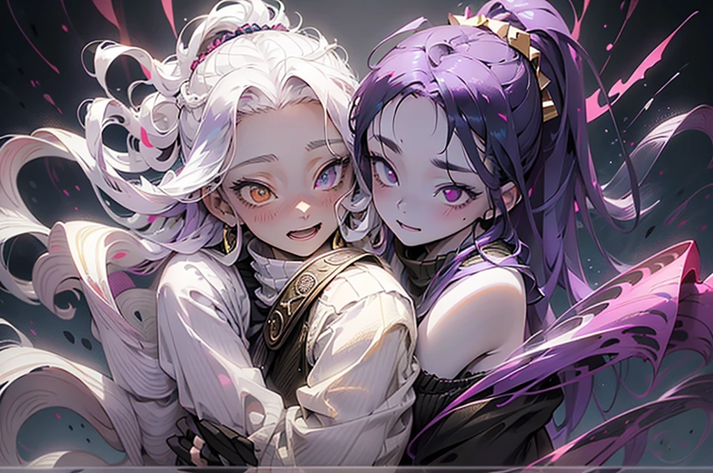 cheerful boy with open forehead. dark purple hair braided in a ponytail on the left side to one side. sinuous black horns wrapped in dark purple ribbon. pale violet eyes. in short dark purple shorts. long white T-shirt. dark purple knee-high socks. a white long robe with a hood flutters in the wind. black ancient stone walls of the castle purple light from lamps with gold ornaments, heterochromia, long curly hair, pale skin, I look at the viewer, closed mouth, bright smile, Beautiful, extremely detailed eye, Absolutely amazing art, extremely detailed, Digital art of the highest quality, full length, old pionino ancient castle