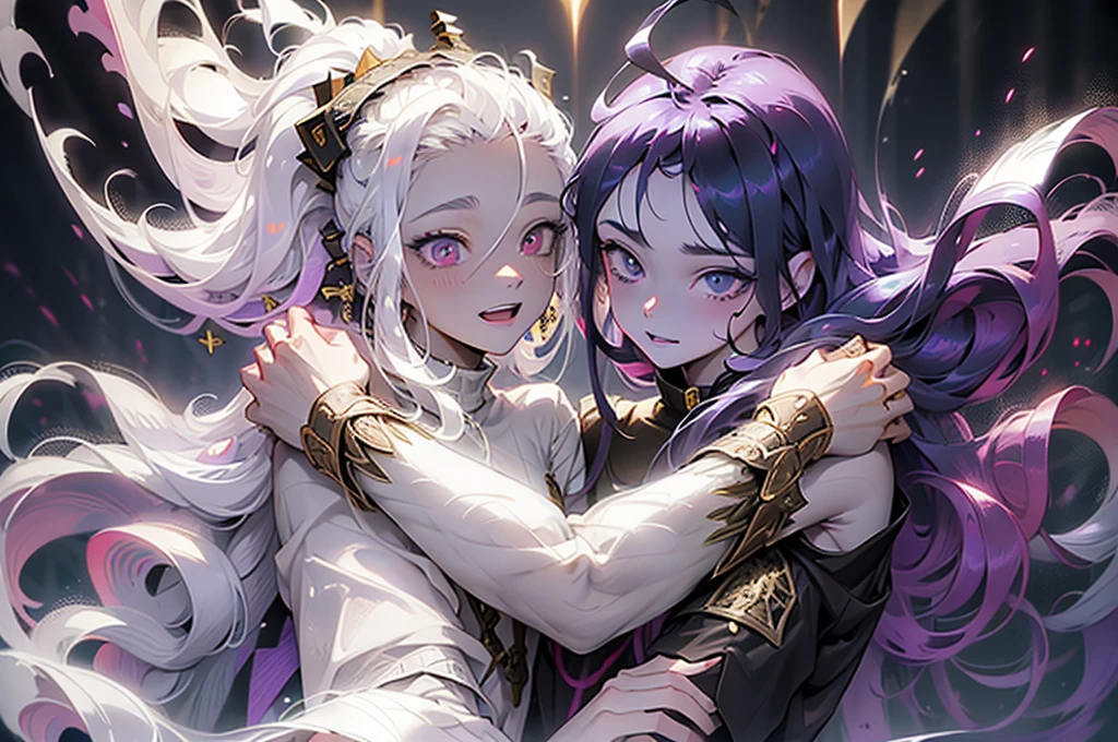 cheerful boy with open forehead. dark purple hair braided in a ponytail on the left side to one side. sinuous black horns wrapped in dark purple ribbon. pale violet eyes. in short dark purple shorts. long white T-shirt. dark purple knee-high socks. a white long robe with a hood flutters in the wind. black ancient stone walls of the castle purple light from lamps with gold ornaments, heterochromia, long curly hair, pale skin, I look at the viewer, closed mouth, bright smile, Beautiful, extremely detailed eye, Absolutely amazing art, extremely detailed, Digital art of the highest quality, full length, old pionino ancient castle