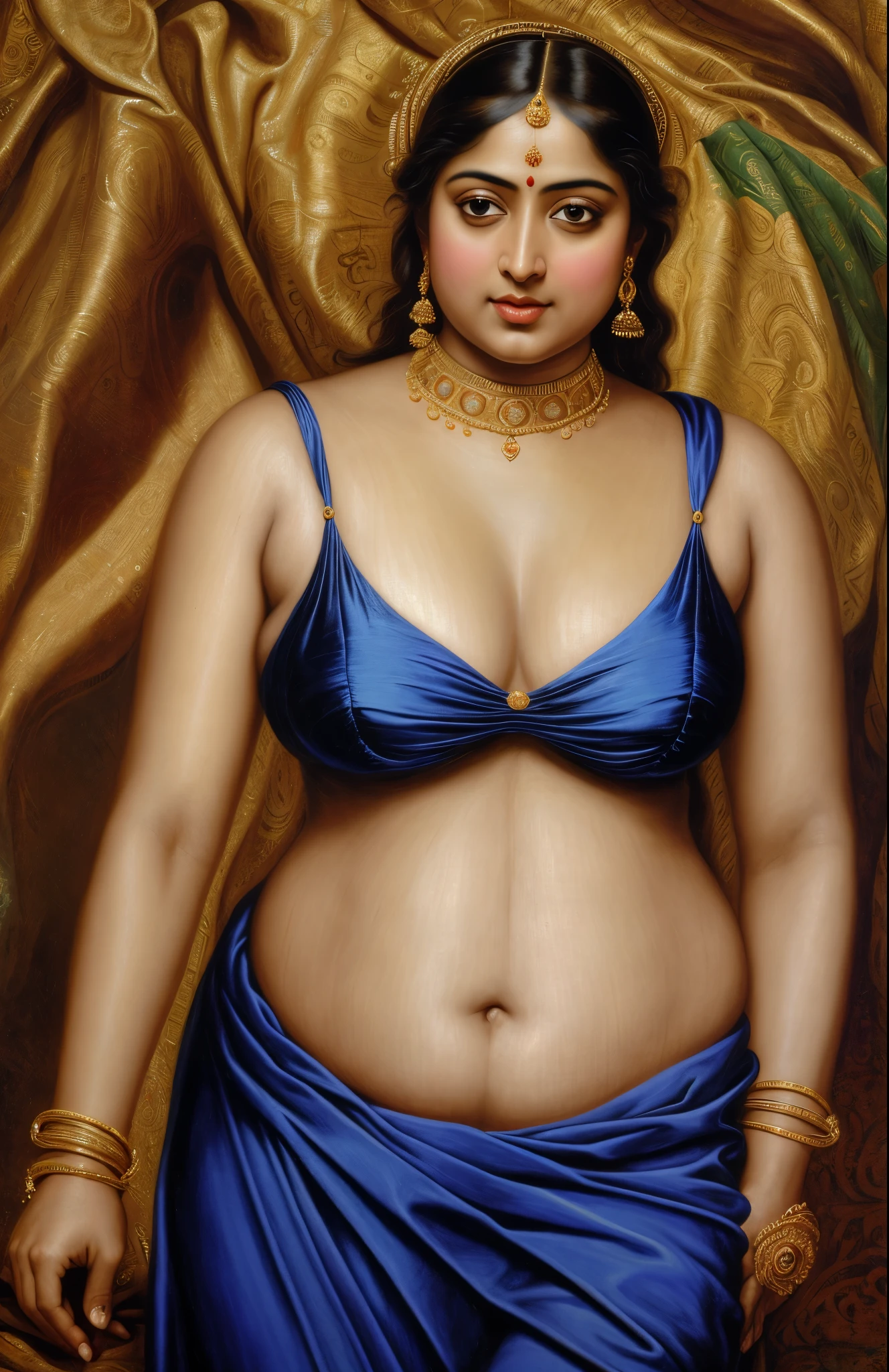 Looks like Anushka Shetty, Beautiful Indian Woman, wearing saree, sari Beauty, gorgeous, curvy, sexy navel folds, Apsara, Maharani, royal queen woman, nymph from Hindu Mythology, Urvashi, matchless beauty, Highly detailed, Oil Painting by Peter Paul Rubens inspired by Raja Ravi Varma, Matchless beauty, captivating, gorgeous, heavenly beauty, celestial beauty, by Peter Paul Rubens, , realistic, hyper realistic, micro details, incredible artwork, insane details, ultra High resolution, 8k, 32k, acrylic on canvas, intricate, flawless, detailed, detailed face, detailed eyes, masterpiece, by Peter Paul Rubens, by Caravaggio, by William Adolphe bouguereau, perfect face, perfect body, beautiful art, realism, baroque, renaissance Art, highly textured, beautiful and detailed eyes, uhd, best quality,