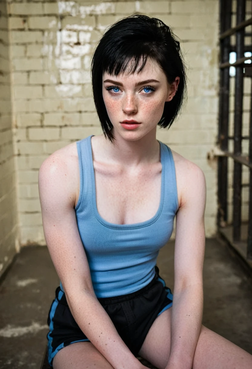Muscular college girl with blue eyes, pale skin, freckles and black hair with a buzz cut sitting in a prison cell