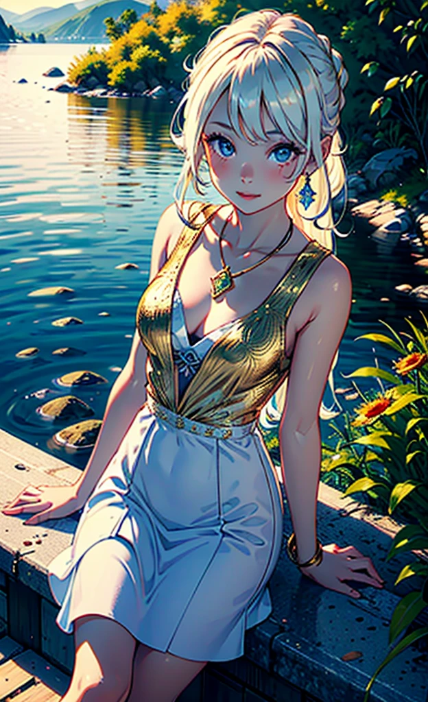 1 girl, cheerful expression, fascinating eyes, straight long hair, flowing dress, balanced posture, porcelain skin, Subtle blush, Crystal pendant BREAK golden hour, (rimlighting):1.2, warm tones, sunflare, Soft Shadows, bright colours, painterly effect, dreamy atmosphere break picturesque lake, distant mountains, Weidenbaum, still water, Consideration, sunlit clouds, peaceful atmosphere, idyllic sunset, ultra detailed, offcial art, Unity 8k Wallpaper
, zentangle, mandala