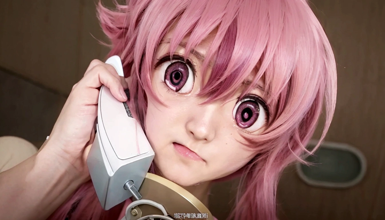 Anime girl with pink hair talking on the phone., Mirai Nikki, anime girl named gasaiyuno, hyperrealistic pink normal eyes, Gasai Yuno, closeup of another iwakura, Gasai Yuno, Gasai Yuno, she has a nice expressive face, Gasai Yuno, screenshot from a 2012 anime, in the anime movie, scene!!, Shocking