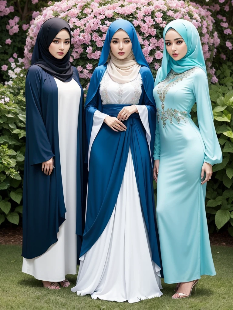 Captivated by her allure, 3 plump women's, they stands amidst a sea of vibrant flowers, they blue, green, and cream hijab flowing gracefully around her. In a world of vivid colors and dreamlike serenity, she enchants with her stunning physique and captivating gaze. Lost in the ethereal beauty of nature, she radiates confidence in they mesmerizing blue, green, and cream hijab and abaya.