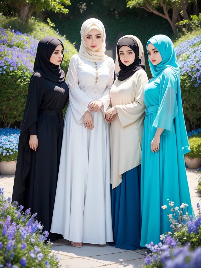Captivated by her allure, 3 plump women's, they stands amidst a sea of vibrant flowers, they blue, green, and cream hijab flowing gracefully around her. In a world of vivid colors and dreamlike serenity, she enchants with her stunning physique and captivating gaze. Lost in the ethereal beauty of nature, she radiates confidence in they mesmerizing blue, green, and cream hijab and abaya.