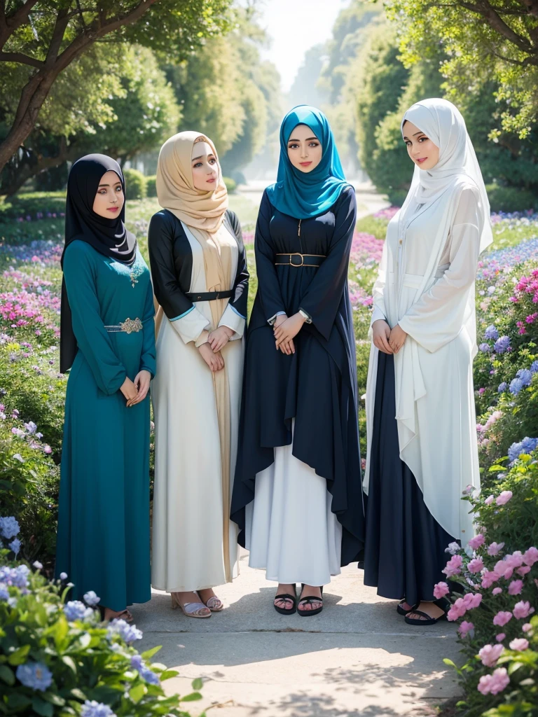 Captivated by her allure, 3 plump women's, they stands amidst a sea of vibrant flowers, they blue, green, and cream hijab flowing gracefully around her. In a world of vivid colors and dreamlike serenity, she enchants with her stunning physique and captivating gaze. Lost in the ethereal beauty of nature, she radiates confidence in they mesmerizing blue, green, and cream hijab and abaya.