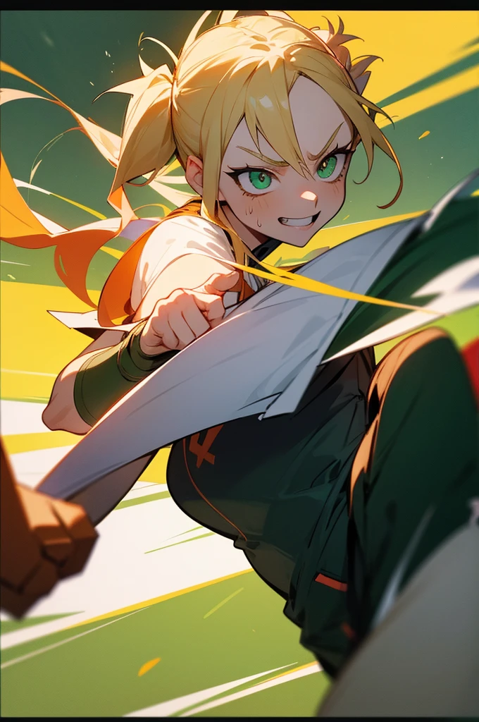 A girl with long pigtails of blonde hair and pretty green eyes, framed by pale skin, stood smirking at Bakugo, her opponent in the U.A. Sports Festival. Her hands glowed a vibrant green, a testament to her quirk, Vital Surge, which allowed her to heal people. Clad in the standard gym uniform, she faced Bakugo with a mix of determination and confidence. The stadium buzzed with excitement, the audience eager to see how her healing abilities would fare against Bakugo's explosive power. The scene, rendered in the distinct, dynamic art style of My Hero Academia, captured the intensity of the moment as the battle commenced.