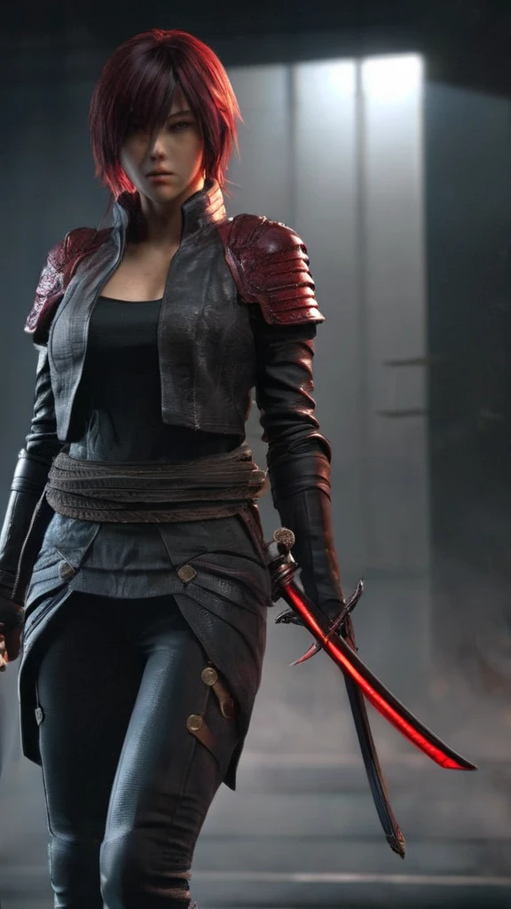 a woman holding a sword in a dark room, 2. 5 d cgi anime fantasy artwork, holding a black katana, stuning fantasy 3 d render, holding katana, unreal engine character art, unsheathing her katana, she is holding a katana sword, yasuke 5 0 0 px models, dramatic wielding katana pose, holding a katana, background color smoked, Red leather jacket.