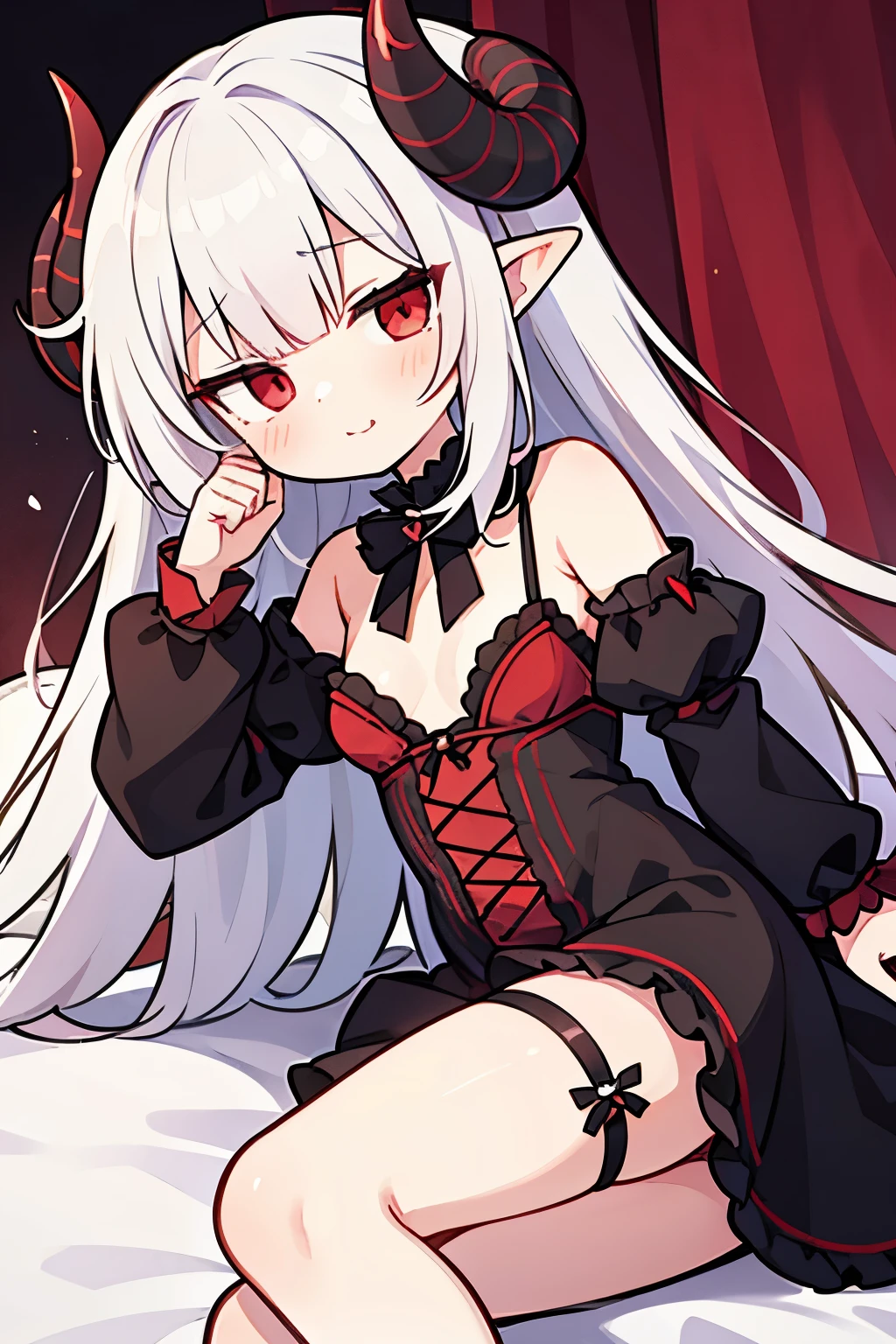 Young demon girl, long white hair, red eyes, red horns, sexy frilly lacy lingerie, (young), small breasts, large eyes, ears, short, child-like, naughty