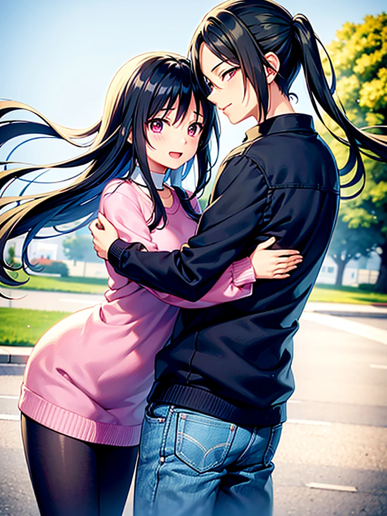 work of art, アニメ, kawaii, cute, romantic, best qualityer, Couple, different fashion, different color, casual clothes, long sleeves, ssmile, glad, Amemos, whirling wind, blue sky, man Itachi Uchiha, Woman, one piece, itachi uchiha, Woman de cabelo grande, 1 girl, 1 young boy, Couple, hugging